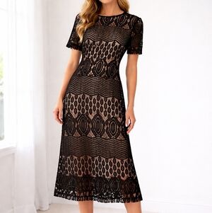 Sharagano Black Crochet Lace Overlay Nude Lined Midi Dress M 8